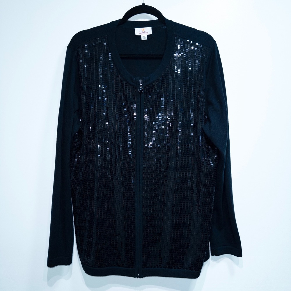 The Quacker Factory Black Sequin Front Full Zip Jacket Size‎ XL